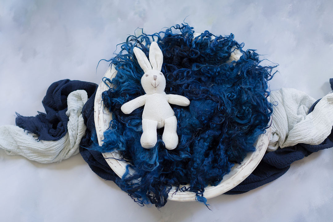 Pale blue backdrop in photography studio. White vintage bowl lay on the flooring with deep navy sheep wool stuffer and white bunny accessory, pale blue wrap draped from it - ready for newborn baby sessions 