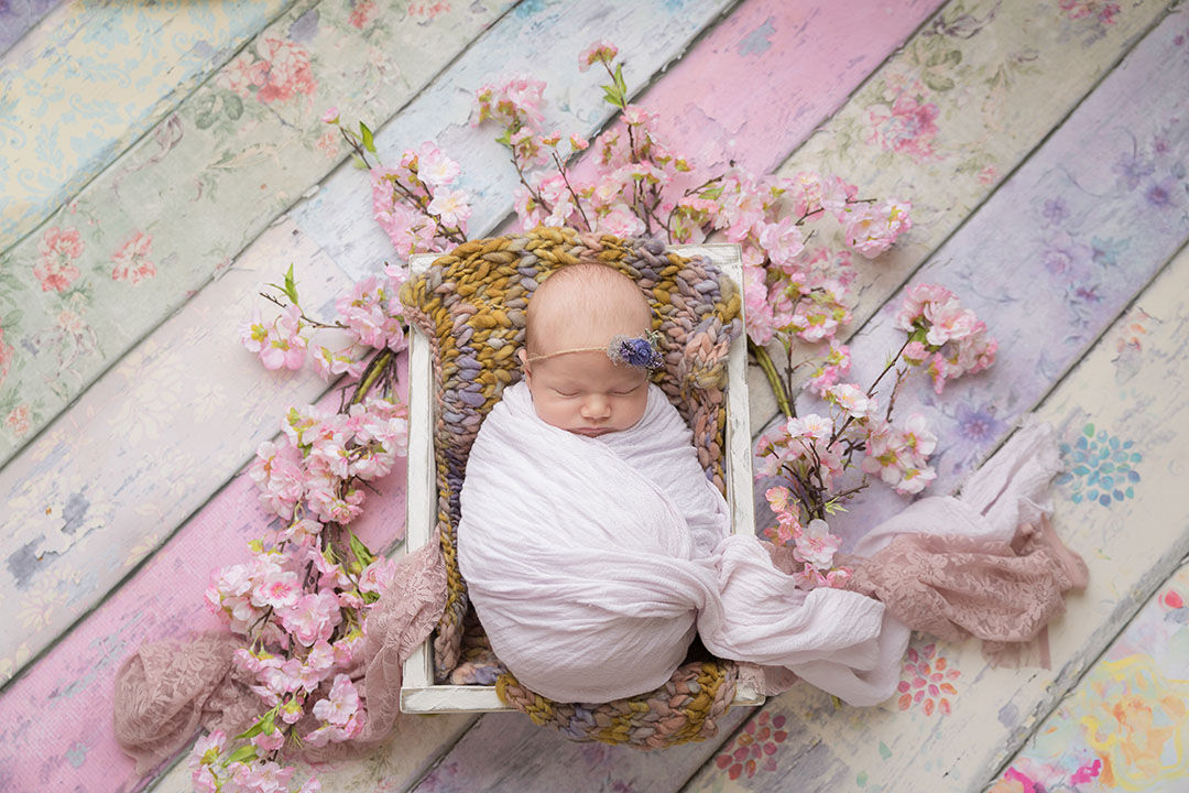Wooden vintage pretty plank photography backdrop in pastel colours with flowers. Baby is wrapped and posed lay in a bed prop wearing a purple headband on a colourful knitted layer with blossom flowers and branch placed around the edge of the bed