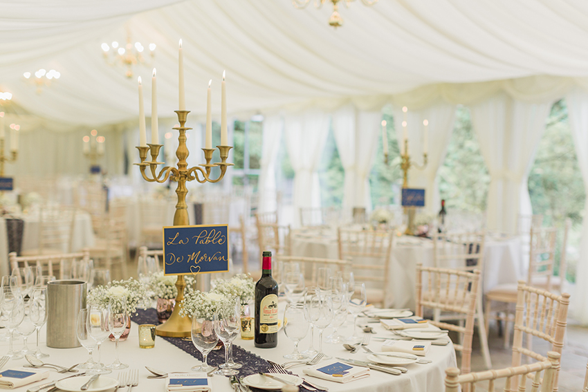 View of inside the marquee at Birtsmorton Court, The marquee is set up for a wedding reception