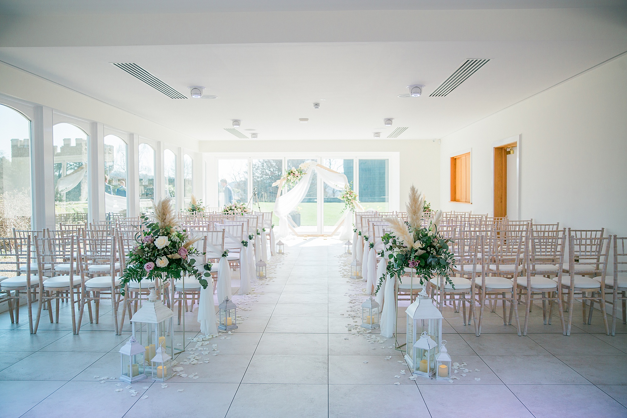 View of the orangery ready for a wedding ceremony at arley house