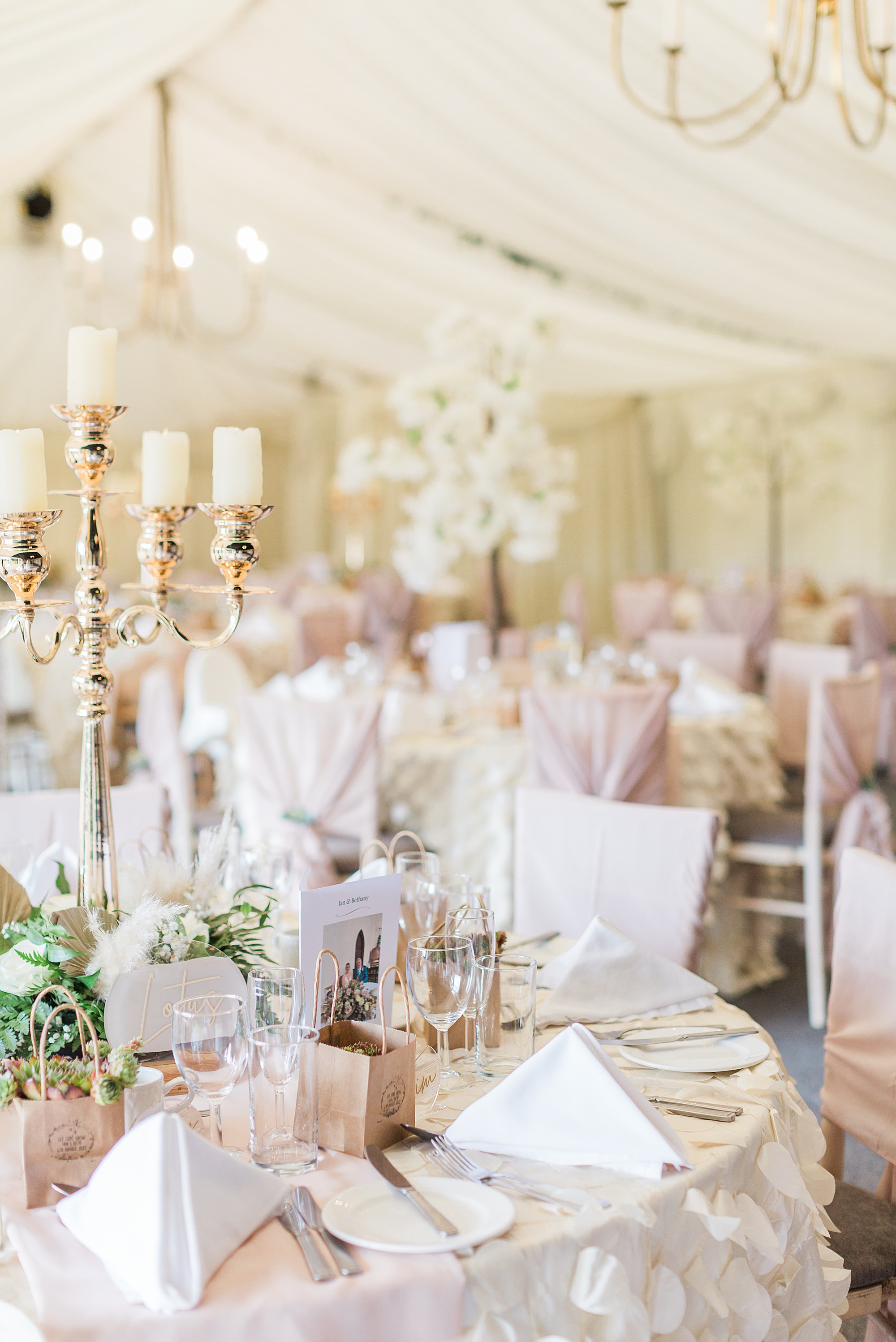 photo of the marquee at grafton manor beautifully styled ready for a wedding reception with pastel shades of dusky pink and white, with gold candelabras and white blossom trees