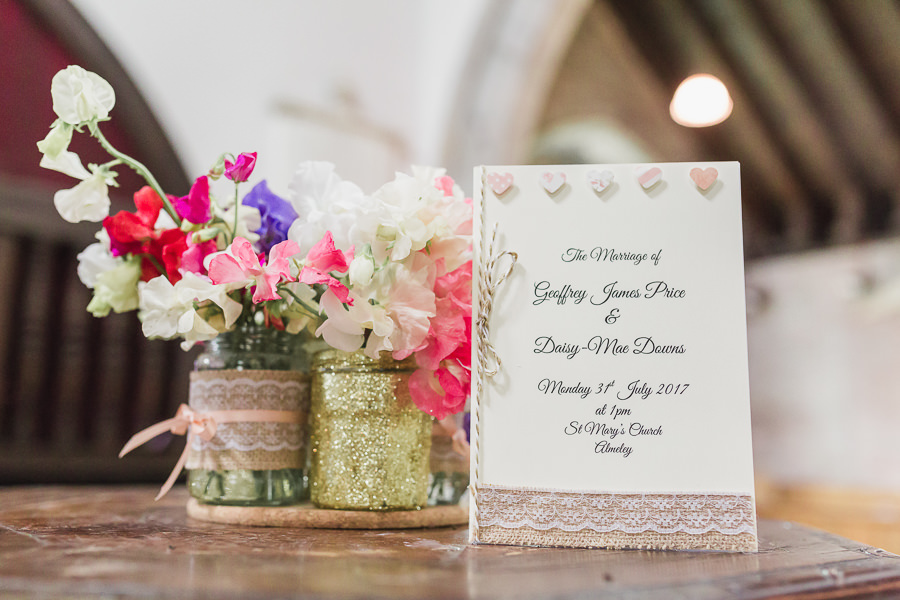 Hayley Morris Photography Lemore Manor Fine art wedding photographer order of service vintage jars sweet peas almeley church 